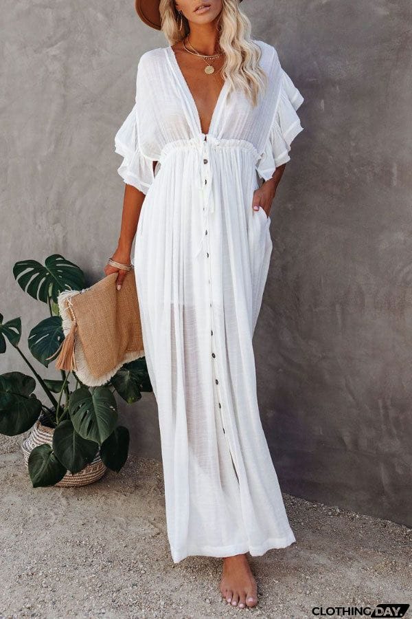 Fairy Air Fluttering V-neck  Ruffle Sleeves Dress