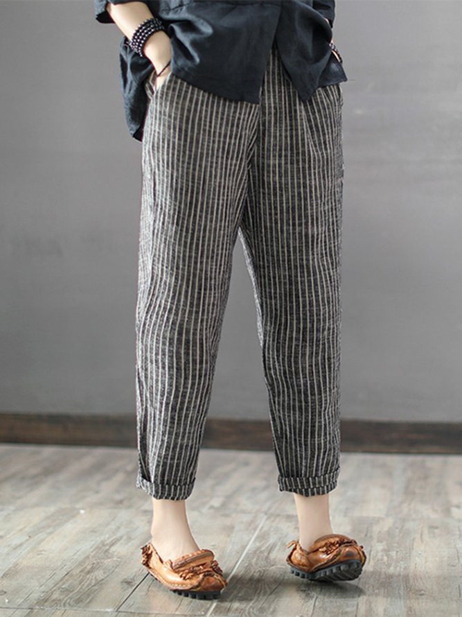 Elastic Waist Striped Linen Casual Pants