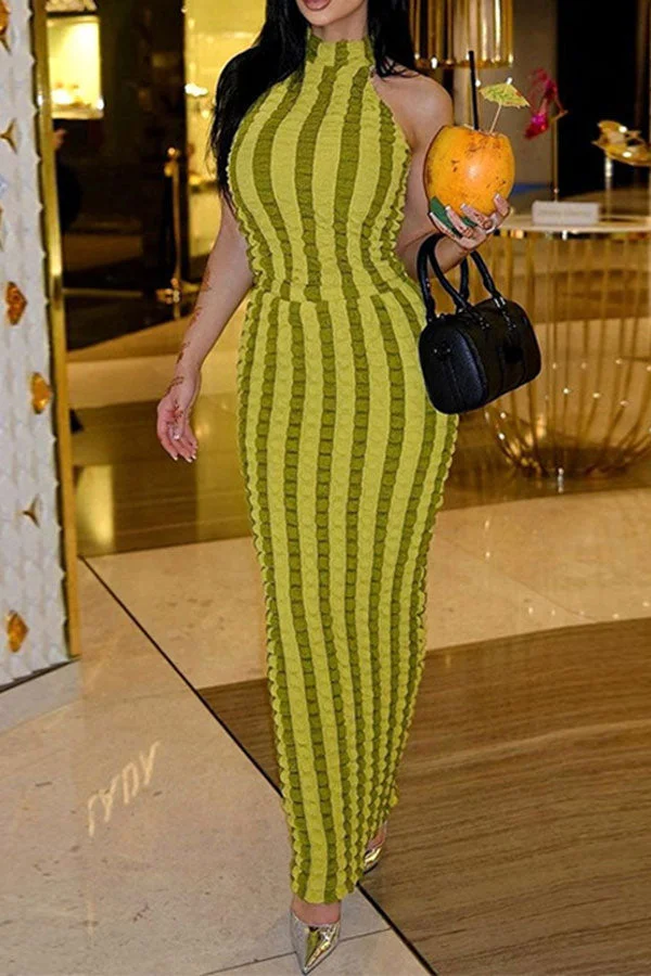 Color Block Striped Modern Bubble Texture Maxi Dress
