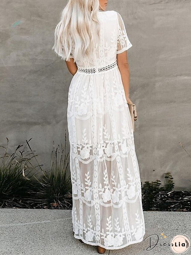 Women's Dress - Party Dress Lace Dress Sheath Dress Long Dress Maxi Dress White Short Sleeve Pure Color Fall Spring Summer Deep V S M L XL XXL