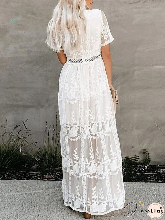 Women's Dress - Party Dress Lace Dress Sheath Dress Long Dress Maxi Dress White Short Sleeve Pure Color Fall Spring Summer Deep V S M L XL XXL
