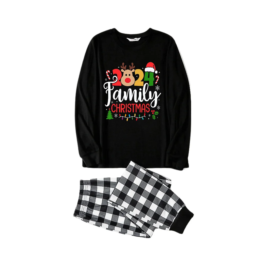 "Family Christmas 2024" Text and Deer Prints Black Long Sleeve Top with Black And White Plaid Pants Family Matching Pajamas