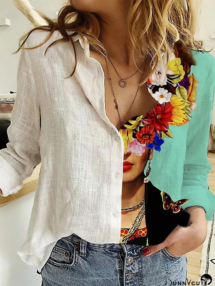 Ladies And Flower Printed Lapel Long Sleeve Shirt