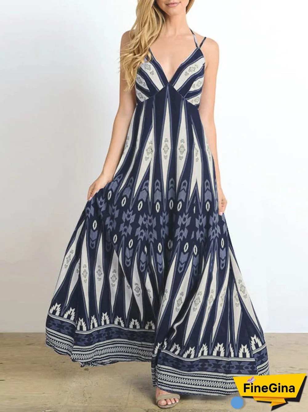 Spaghetti Strap V Neck Backless Loose Maxi Dress