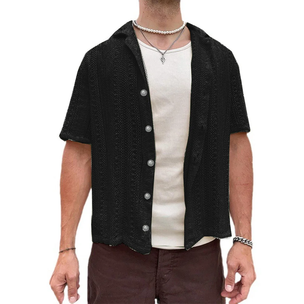 Wongn Wongn Summer New Men's Casual Knit Cardigan White Short Sleeve Jacket Men's Shirt Hollow Out Men's Wear