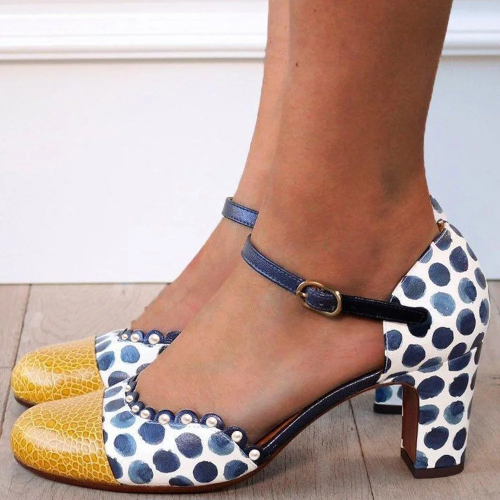 Yellow Colorblock Bule Polka Dot Pumps Ankle Strap Chunky Heels with Pearl Nicepairs