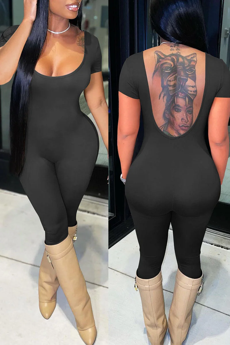 Sexy Solid Split Joint Backless U Neck Regular Jumpsuits