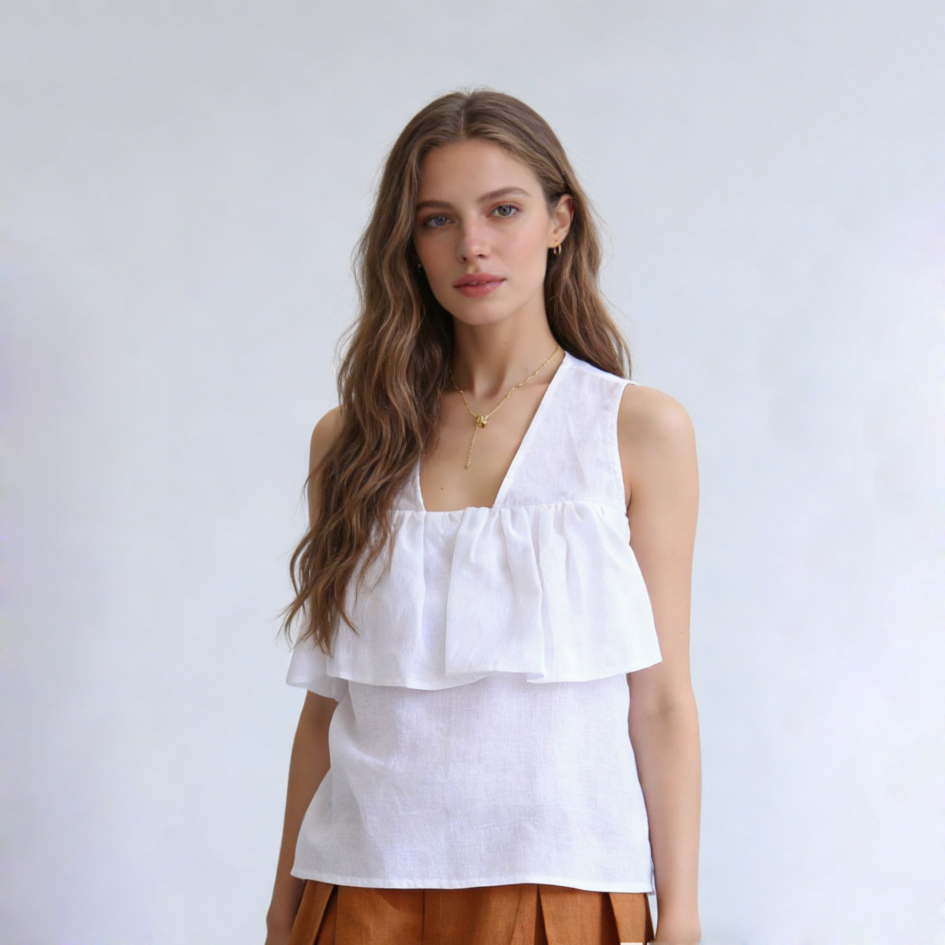 Linen Sleeveless Blouse Women 100% Linen V Neck Ruffle Top Breathable REAL SILK LIFE