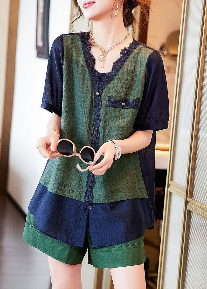 VCSHOES Navy V Neck Lace Patchwork Cotton Blouses Summer