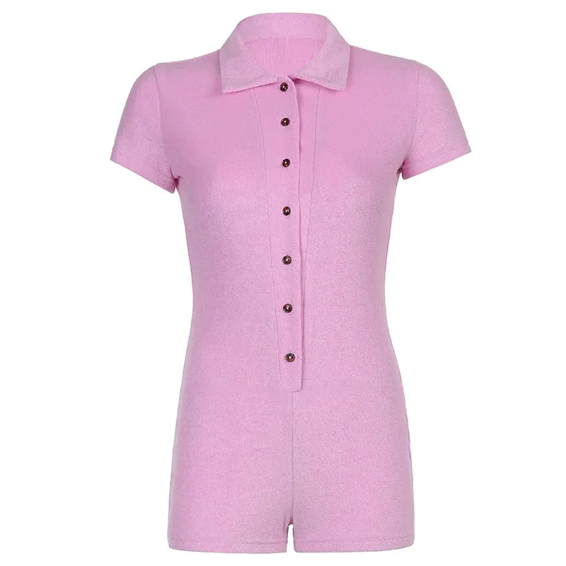 Rapcopter Solid Playsuits Single-Breasted Short Sleeve Bodysuits Vintage Biker Overalls Women Turn Down Collar Jumpsuits Rompers