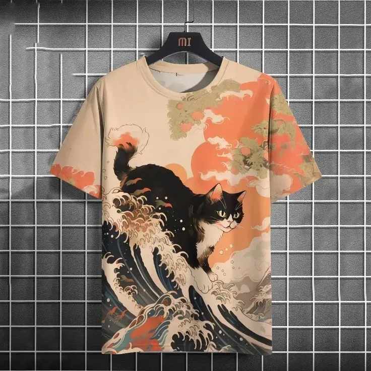 Men's Vintage Japanese Floral And Cat Art Print T-shirt  artssus