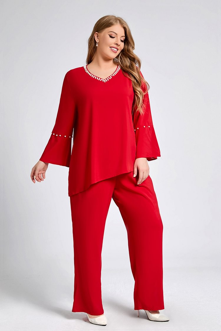 Flycurvy Plus Size Formal Red Trumpet Sleeve Asymmetric Hem Two Pieces Pant Suits  flycurvy [product_label]