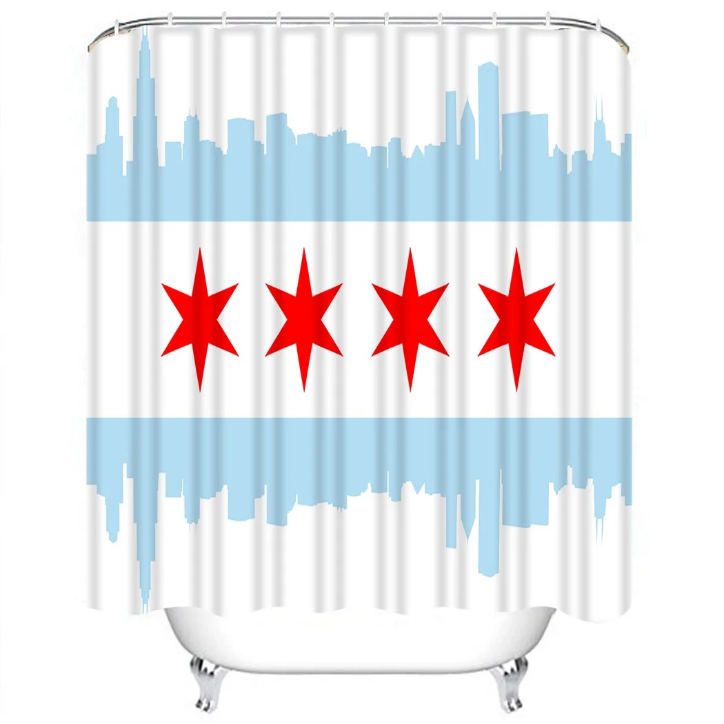 Chicago Flag Shower Curtain Buildings Skyline Bathroom Waterproof Shower Curtain With Hooks Anti-mildew Bathroom Shower Curtain