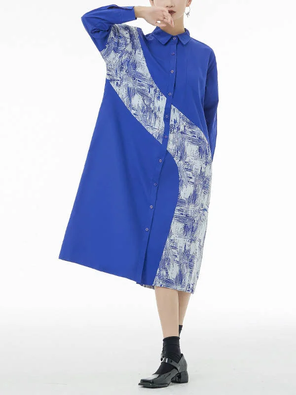 Stylish Blue Lapel Asymmetric Tie-dye Printed Buttoned  A-line Long Sleeve Shirt Dress