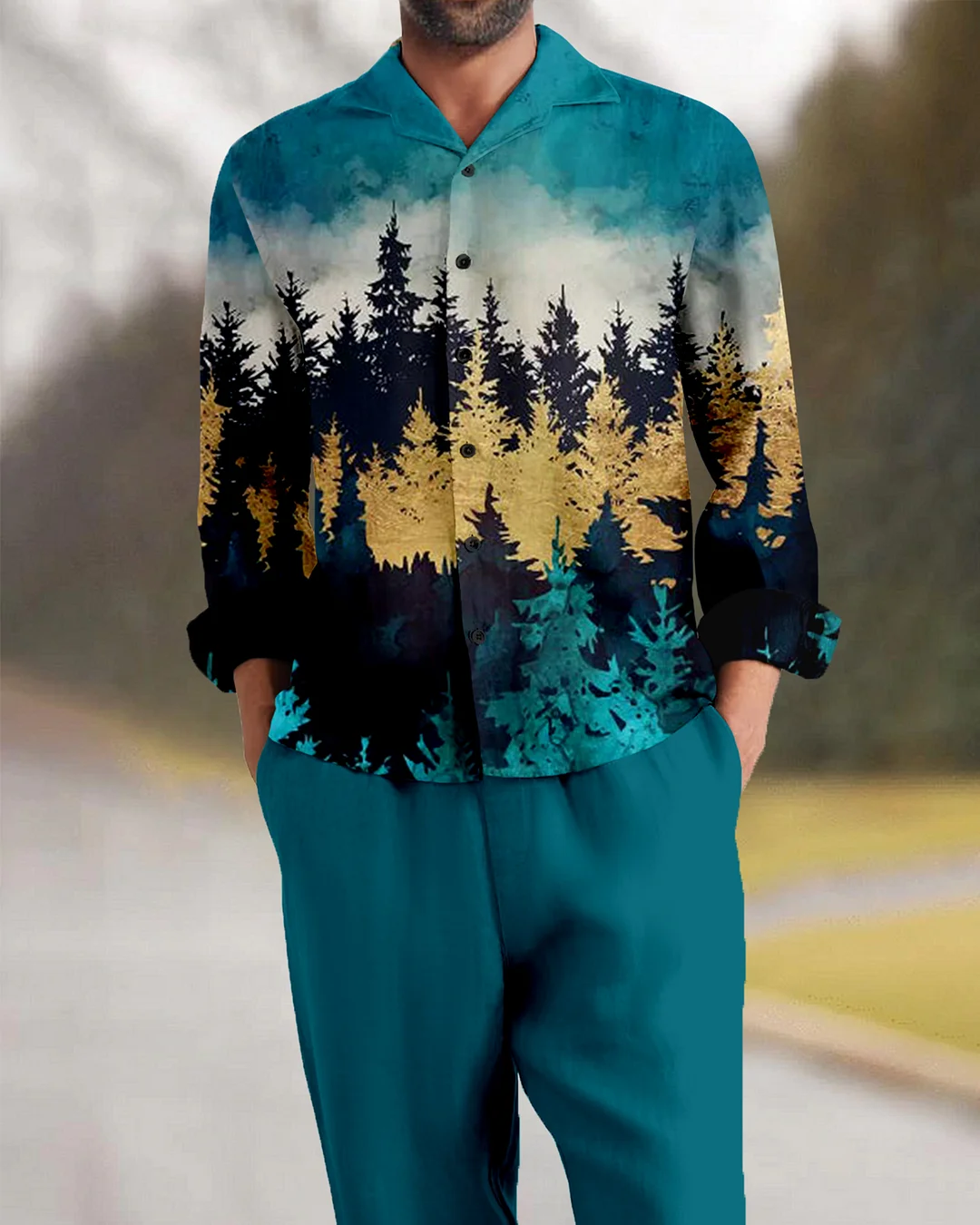 Suitmens Men's Retro Forest Mountain Long Sleeve Walking Suits-0122