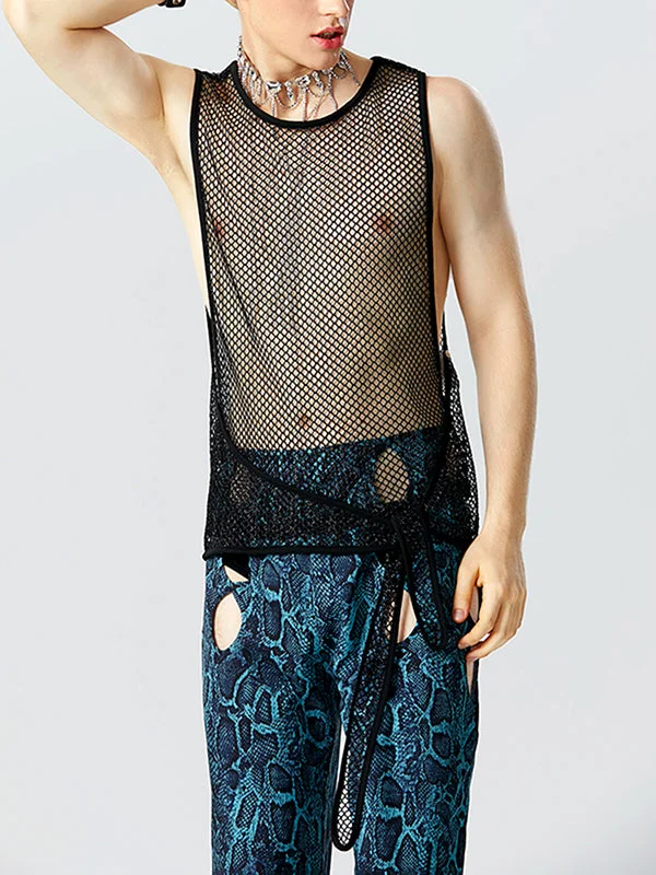 Aonga - Mens Glitter Mesh See Through Tie Vest