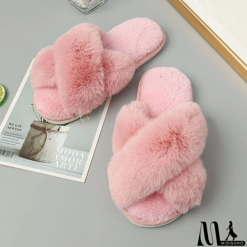 MidiSono - Faux Fur Crisscross Strap Slippers