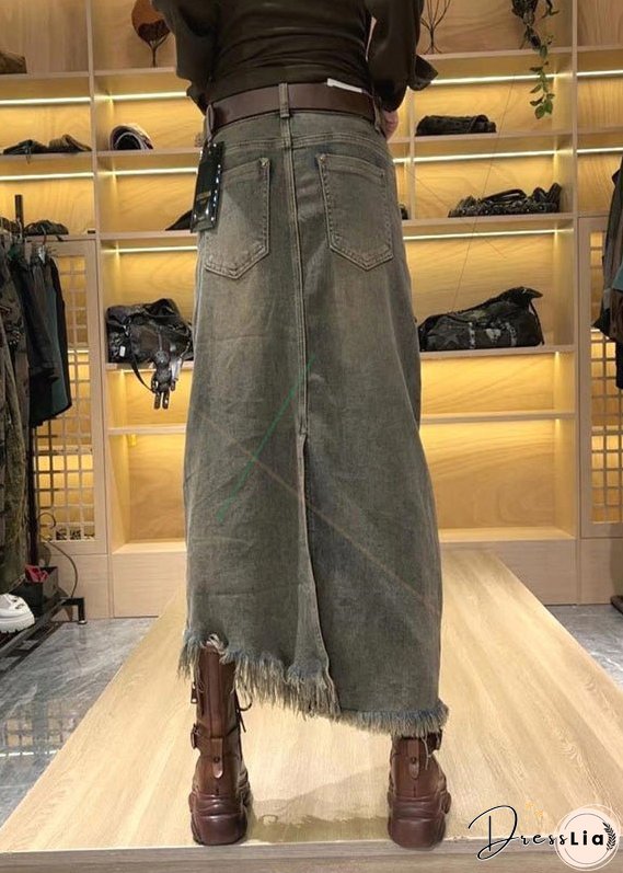 Organic Grey Asymmetrical Patchwork Sashes Tassel Sequins Denim Maxi Skirt