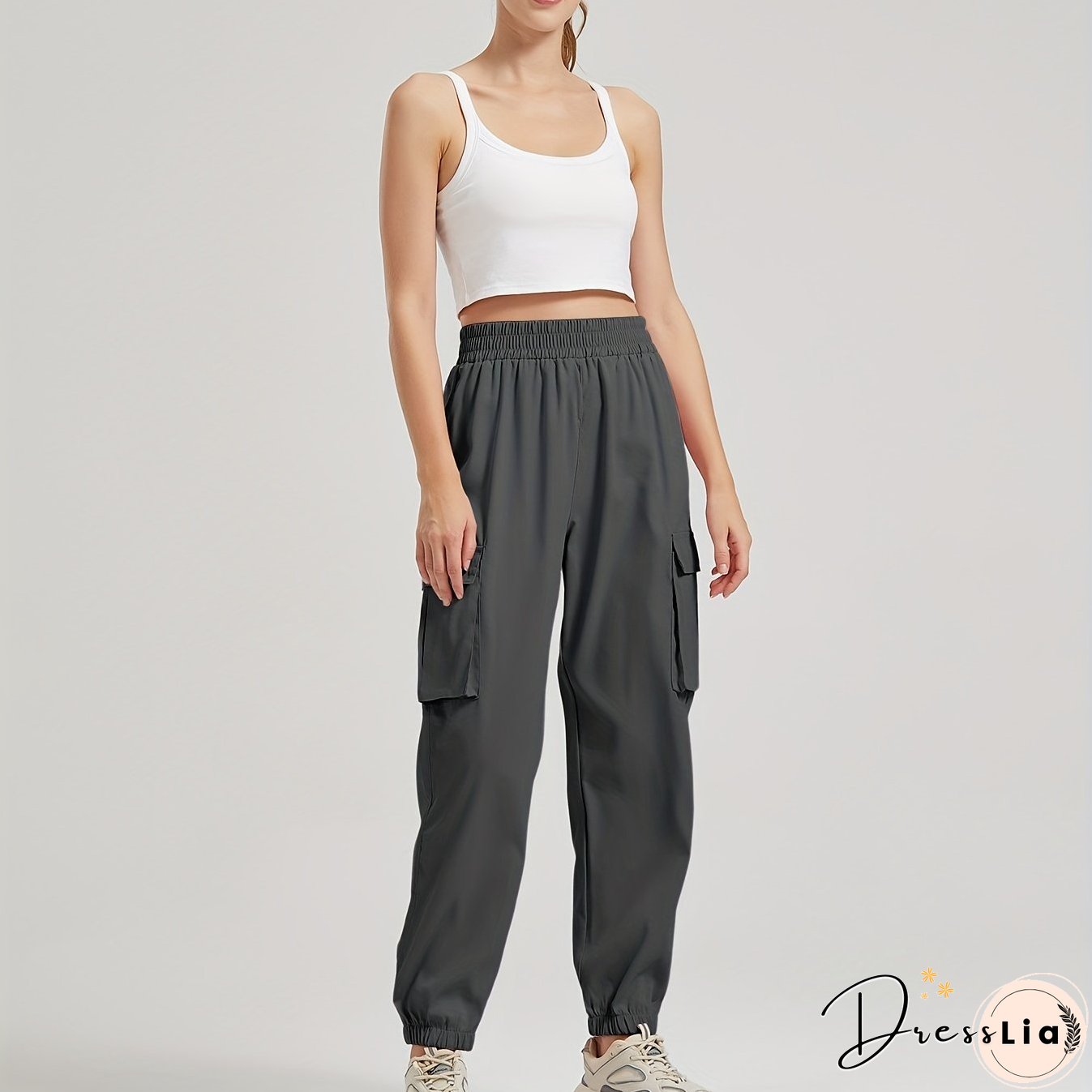 Solid Color Casual Joggers Sweatpant, Cargo Loose High Waisted Pants With Pockets, Women's Athleisure