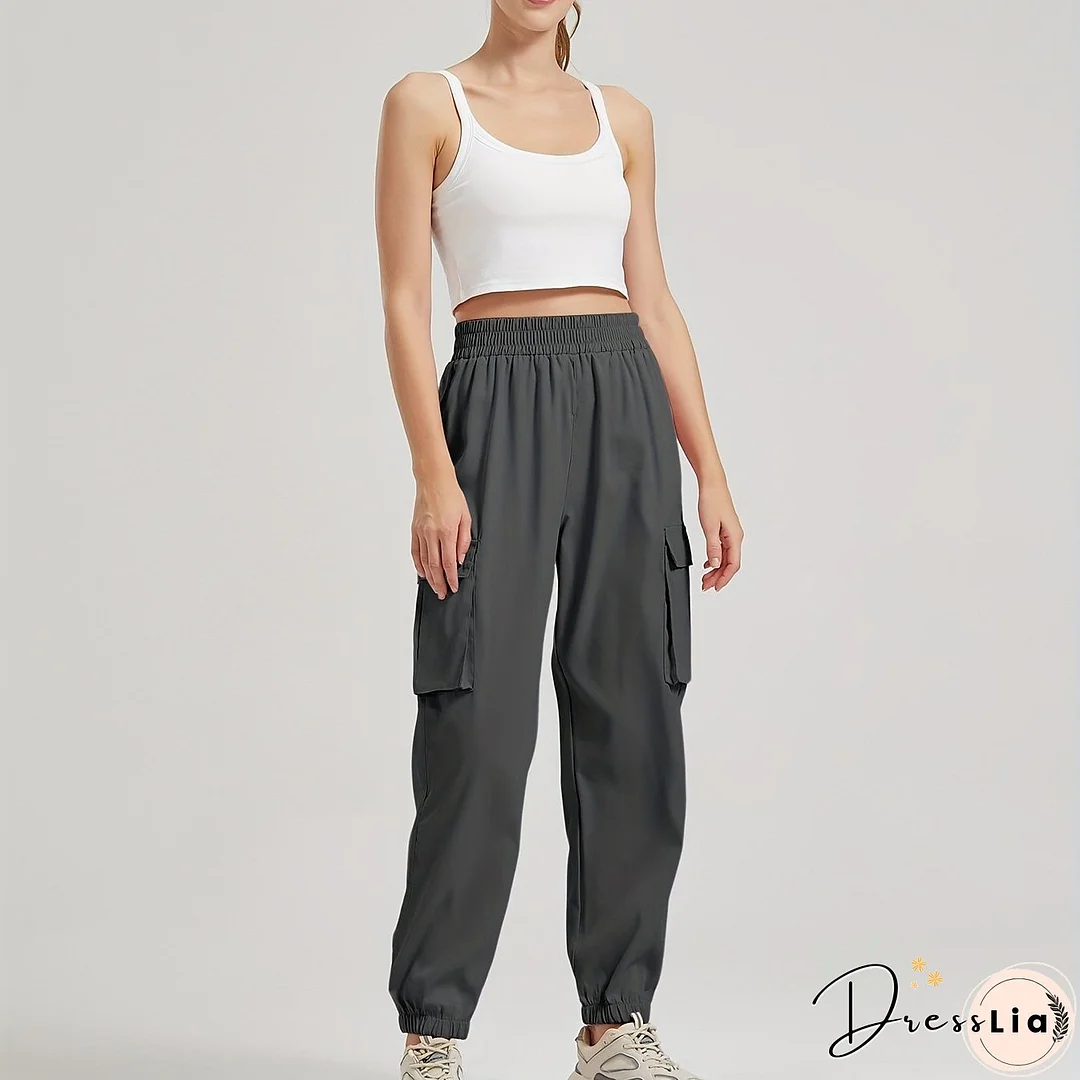 Solid Color Casual Joggers Sweatpant, Cargo Loose High Waisted Pants With Pockets, Women's Athleisure