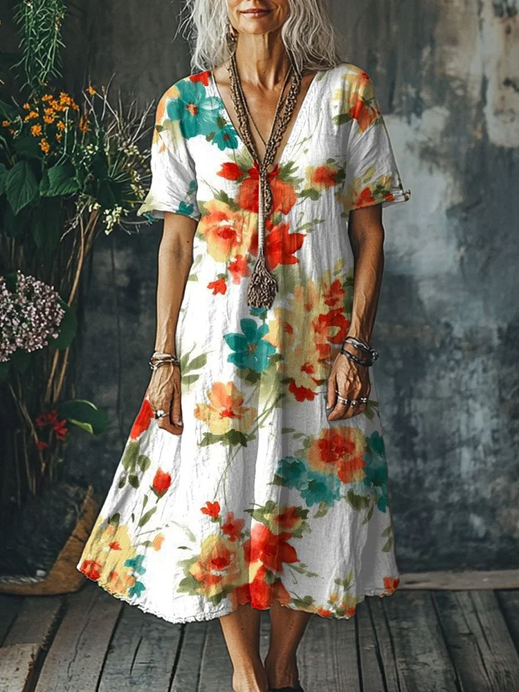 Women's  Flowers Art Print Pocket Cotton Dress