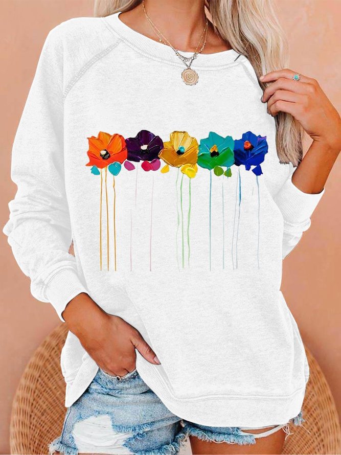Women Funny Abstract Flower Crew Neck Loose Sweatshirts