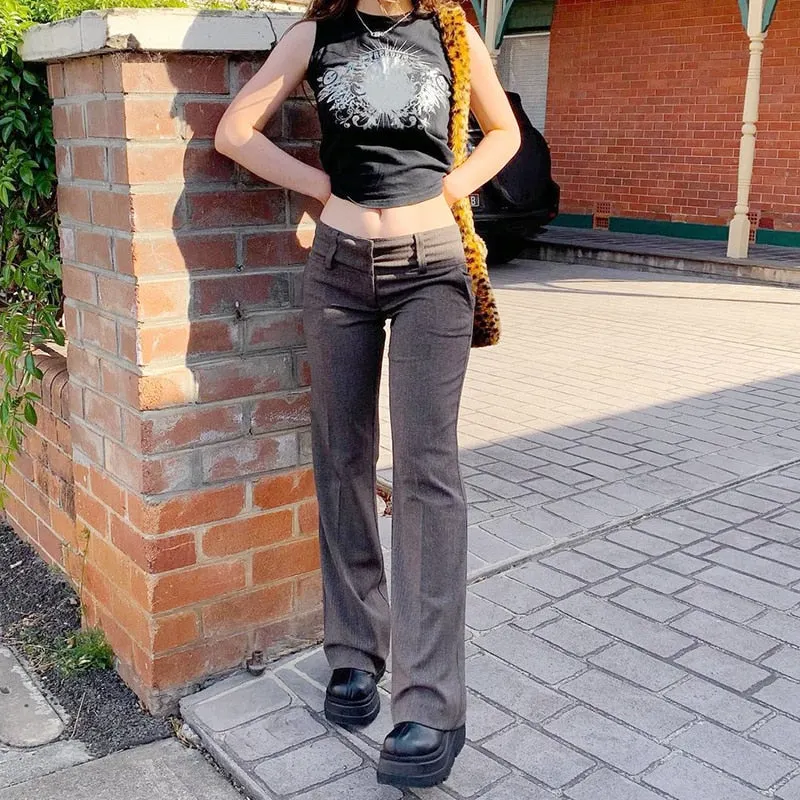 HEYounGIRL Elegant Vintage Suit Pants Women Casual Low Waisted Long Trousers Ladies Pocket Skinny Sweatpants 90s Streetwear
