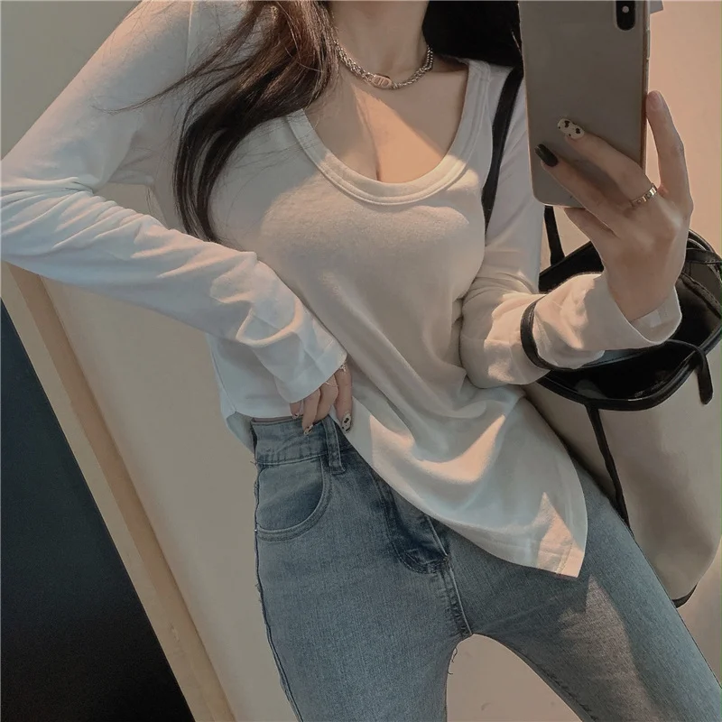Uveng Uveng Female Slim Sexy Low Collar White Foreign Style Long Sleeves With Bottom Shirt 2024 Autumn New Slim Jacket