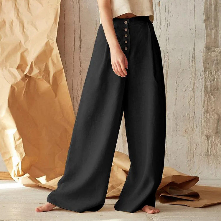 Casual High Waist Button Cotton Linen Wide Leg Pants