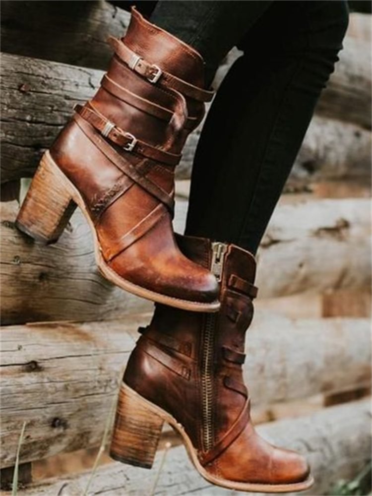 Vintage Washed Buckles Mid Heel Boots