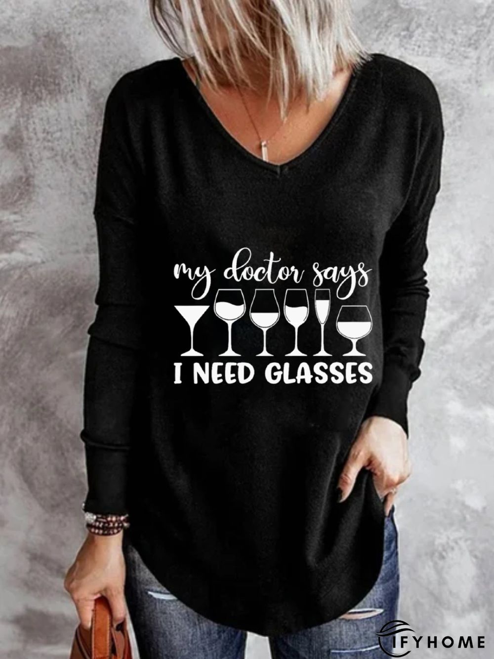 Long Sleeve V Neck Printed Top Tunic T-Shirt | IFYHOME