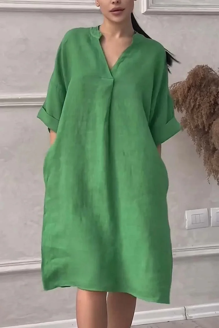 Women's Summer Cotton Linen Dress Solid Color V-Neck Mid Sleeve Loose Dress
