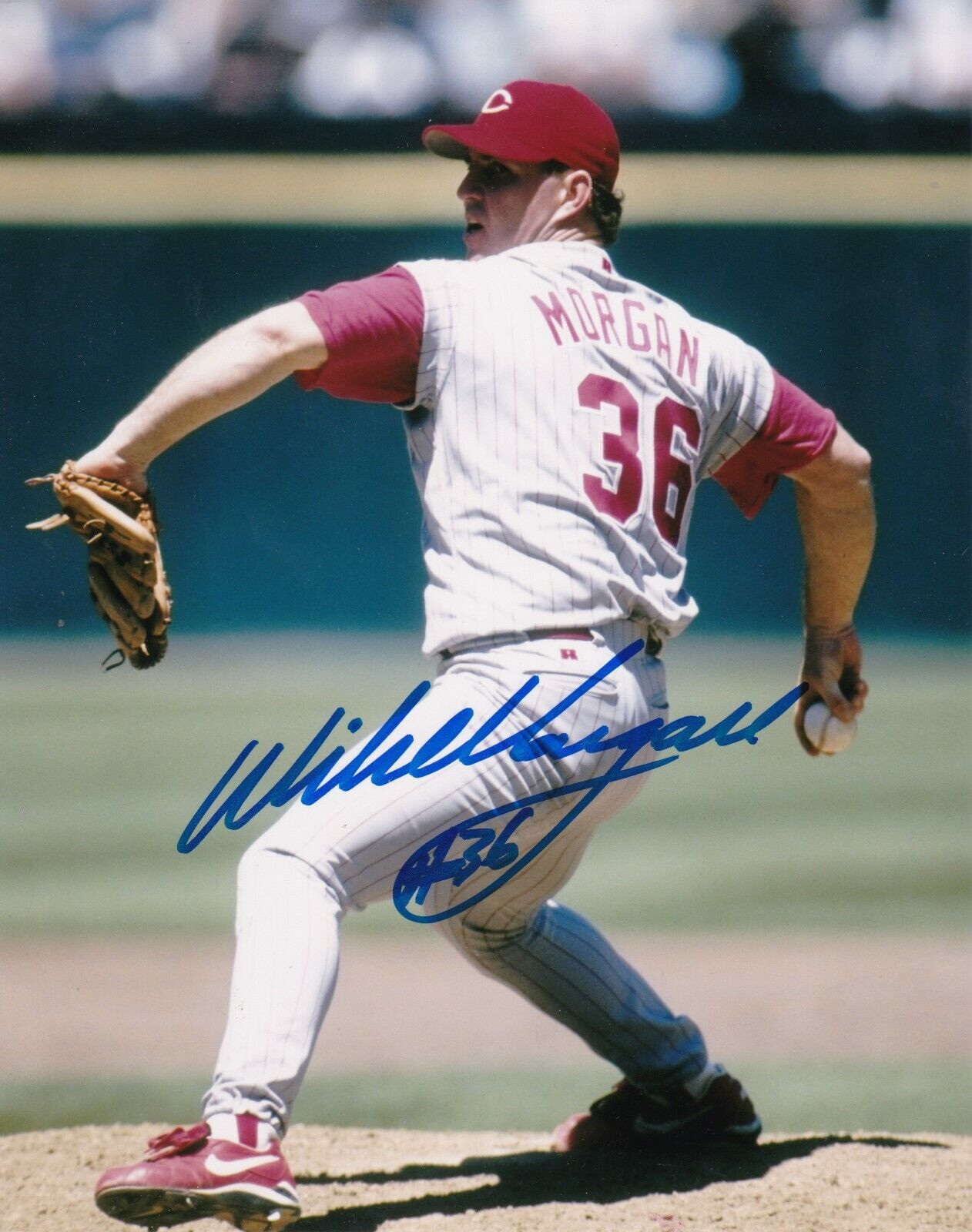 MIKE MORGAN CINCINNATI REDS ACTION SIGNED 8x10