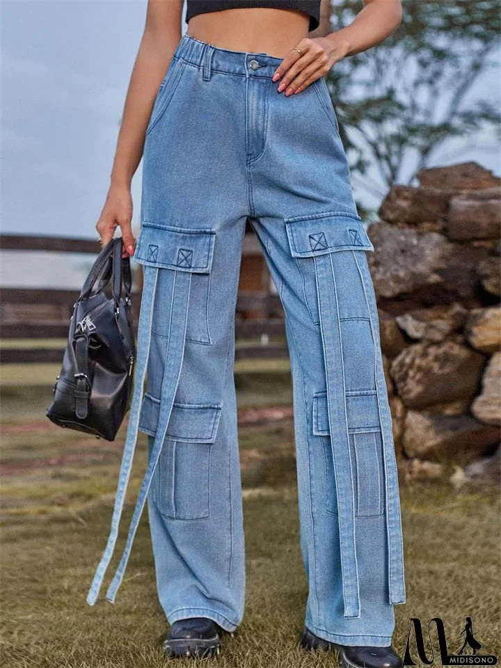 MidiSono - Retro Personality Lady Ribbon Design Denim Trouser