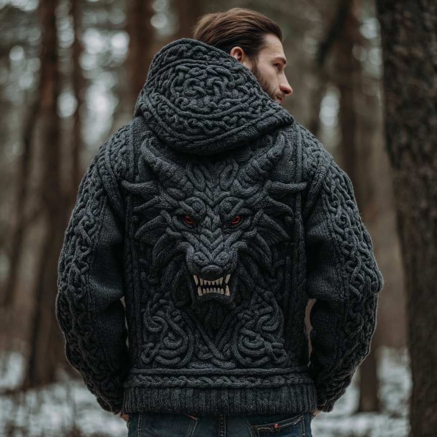 Men's Viking Dragon Style Celtic Art Knit Hooded Zip-up Sweater artswardrobe