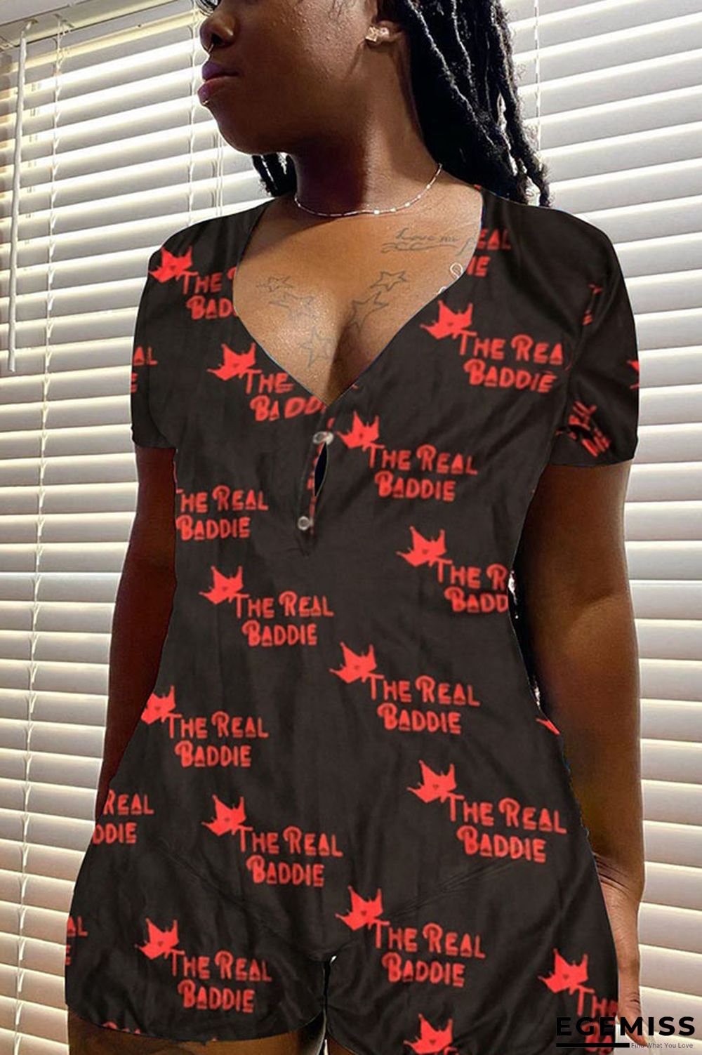 Black and red Casual Print Short Sleeve V Neck Jumpsuits | EGEMISS