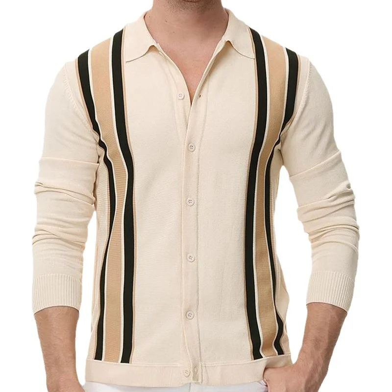 Uveng Uveng Men's Men's Spring Thin Knits Striped Splicing Business Long Sleeve Polo Shirts SY0149