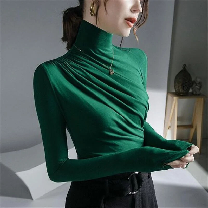 Fashion Elastic T-shirt Ladies Tees Pleated Stretch Jumpper Top Turtleneck Bottoming Red Net Pullover Women's Basic Casual Tees