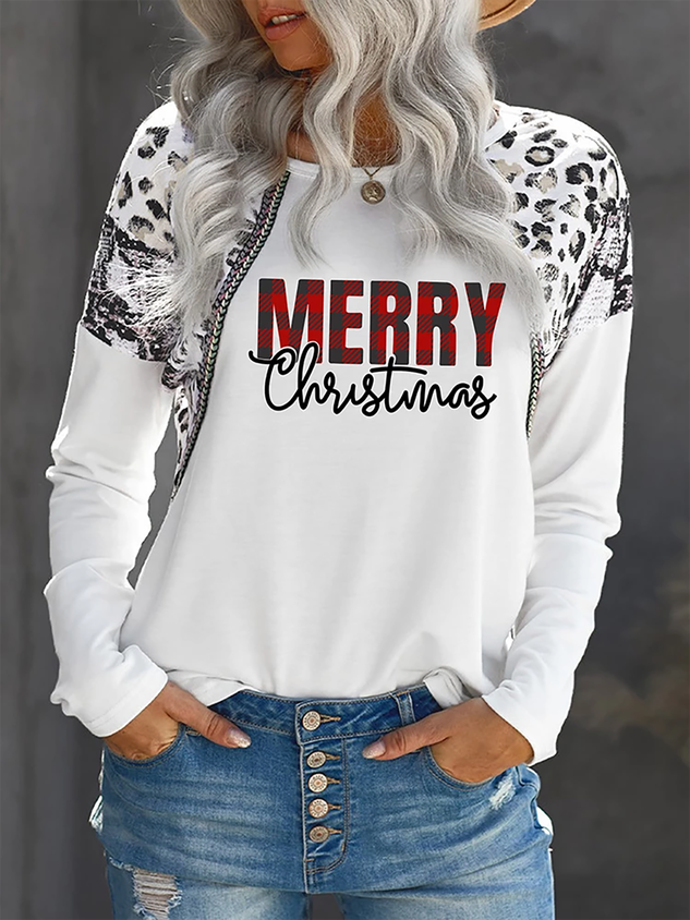 Christmas Leopard Print Raglan Sleeve White T-Shirts & Tops