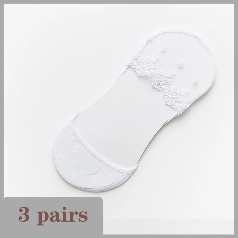 New Transparent Short Lace Socks Women Summer Hollow Out Female Soft Invisible Breathable Boat Socks Slippers 2020 3 Pairs