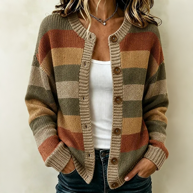 Comstylish Women's Retro Striped Art Print Knit Button Cardigan