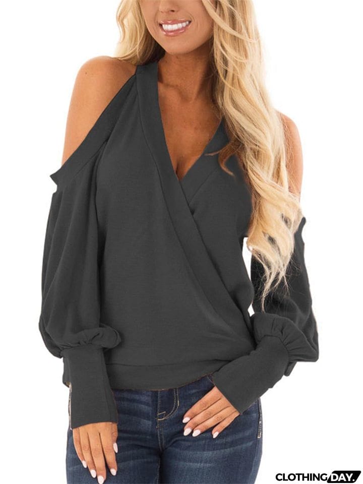 V-neck Cold Shoulder Lantern Sleeve T-shirt for Ladies