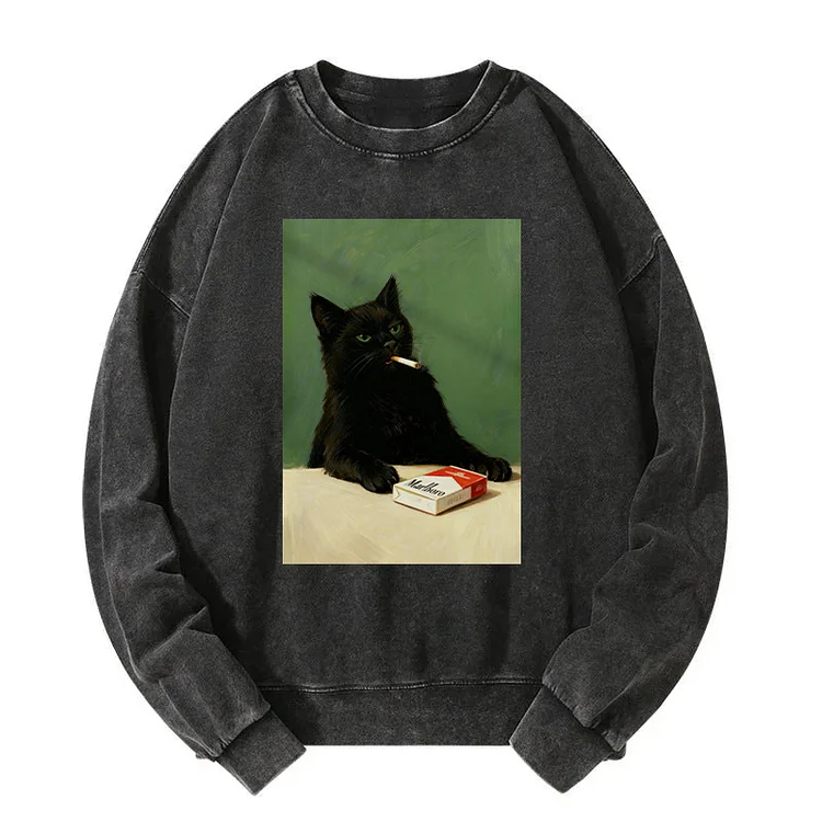 Tokyo-Mood Vintage Smoking Cat Art Washed Unisex Sweatshirt