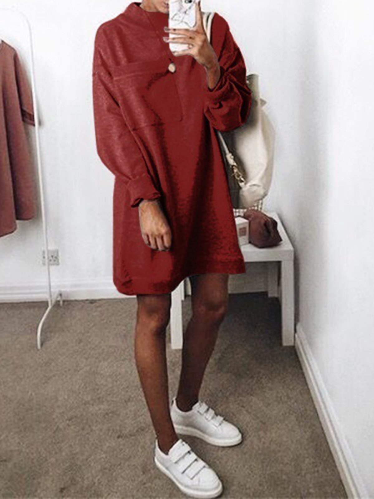 Round Neck Long Sleeve Plain Pocket Fashion Casual Dress