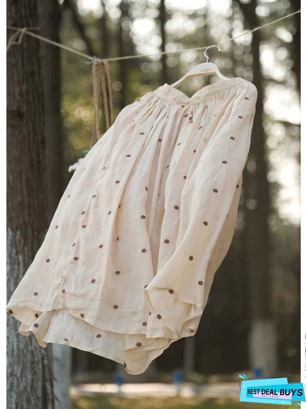 Vintage Cotton and Linen Double-Layer Skirt Print Elegant Mid-Length Skirt