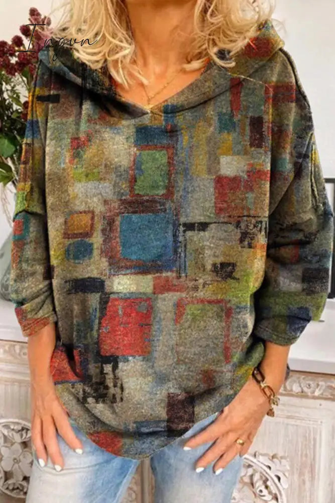 Ingvn - Casual College Print Patchwork Hooded Collar Tops Coffee / Xl Tops/Sweats & Hoodies