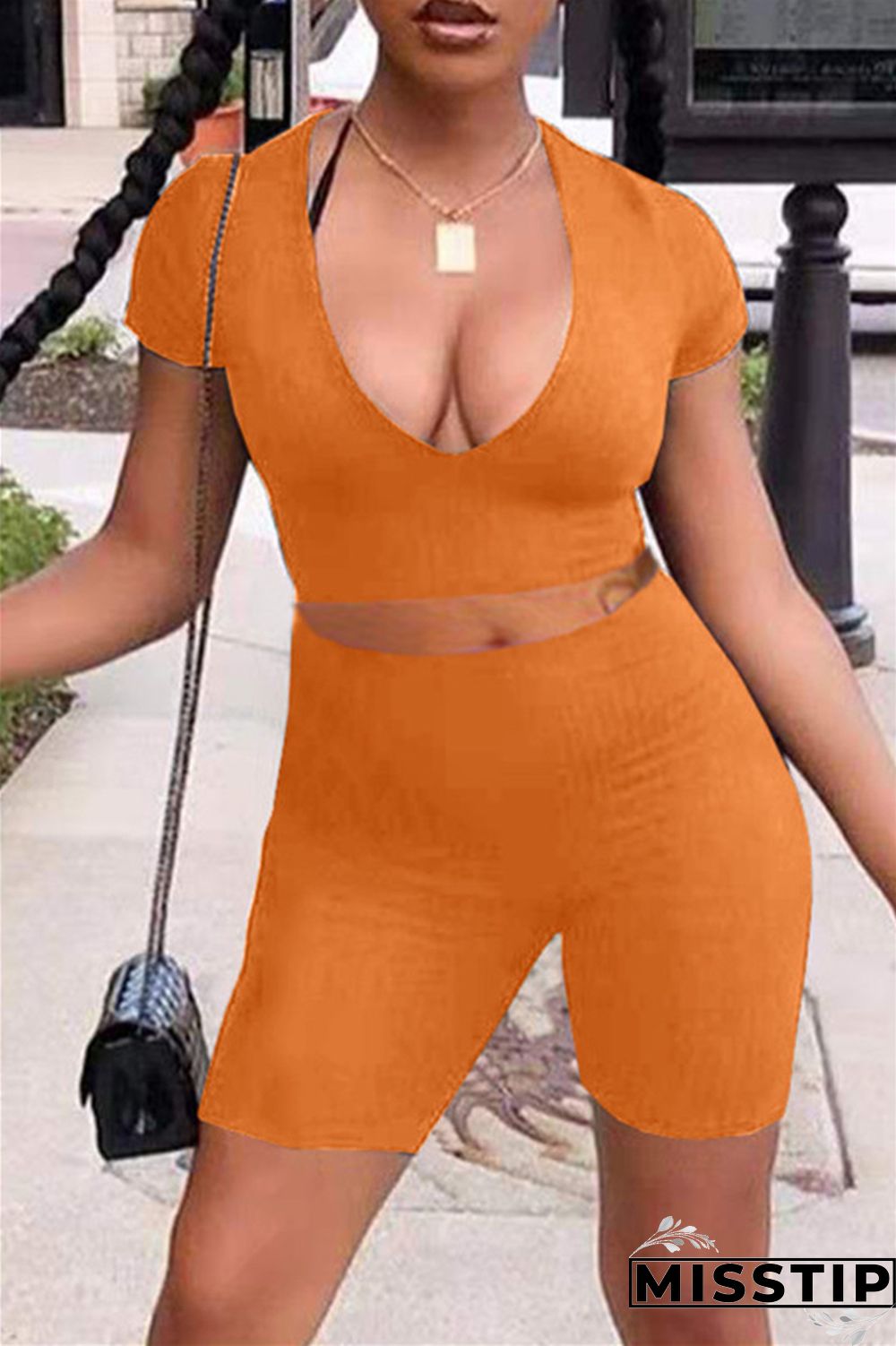 Orange Fashion Casual Solid Basic V Neck Short Sleeve Two Pieces