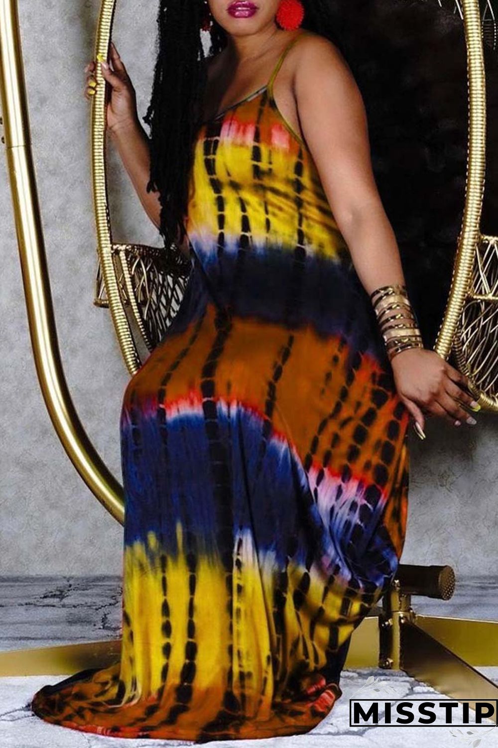 Khaki Fashion Casual Plus Size Print Basic Spaghetti Strap Sleeveless Dress