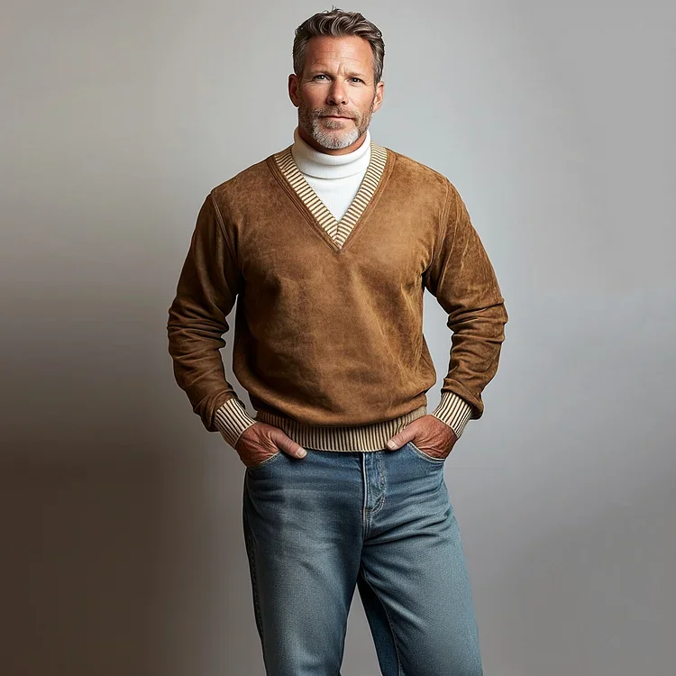 Mens Casual V Neck Striped Long Sleeve Suede Sweatshirt-inspireuse