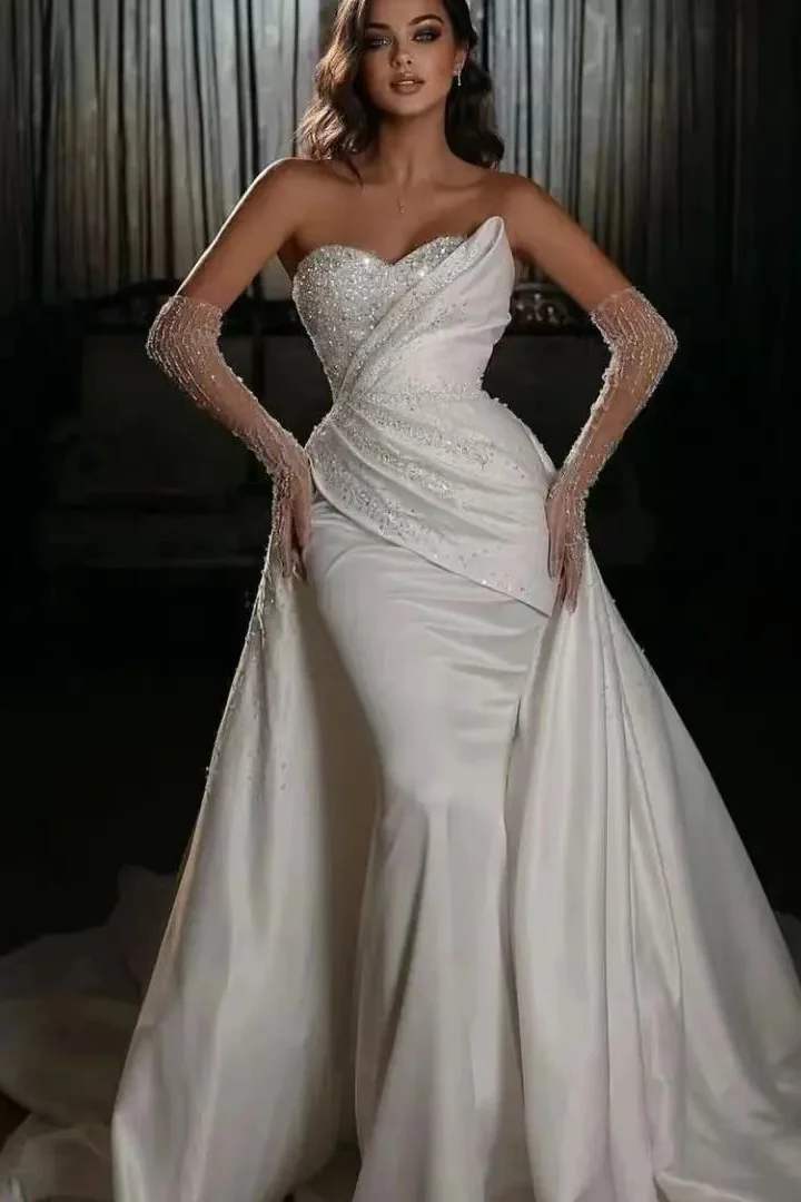 White Long Sleeves Sweetheart Beads Mermaid Wedding Dress With Detachable Skirt ED0248